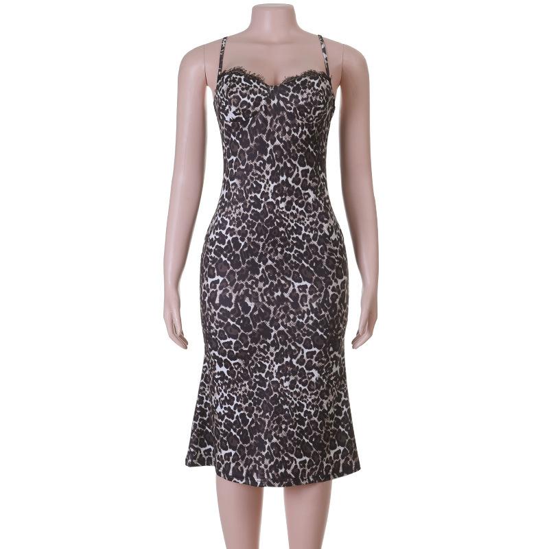 European and American style 2026 new spring and summer lace leopard print sexy backless lace-up slim dress XS