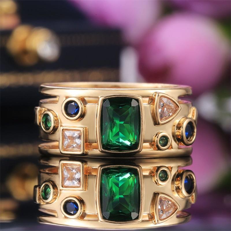 Gorgeous Gold Color Band Women Rings with Irregular Colorful Cubic Zirconia Wedding Party Jewelry Trendy Accessories Gift