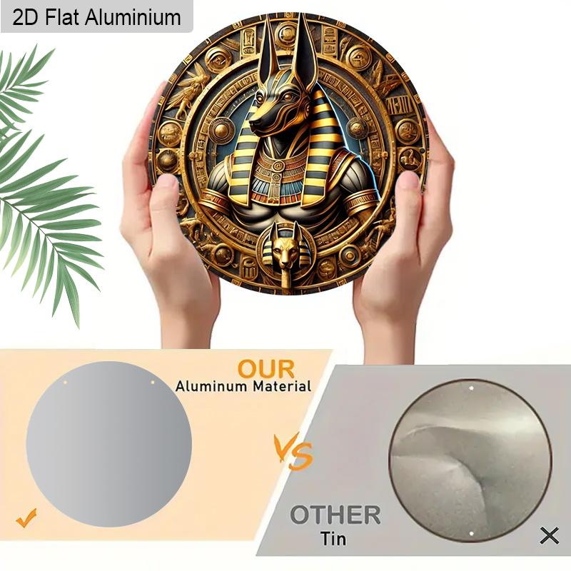 2D Flat Aluminum Vintage Egyptian Anubis God Round Metal Sign, Ancient Egyptian Mythology Wall Art Sign for Front Door, Pre-Drilled Holes for Easy