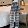 Women's Retro Wide Leg Casual Pants Elastic Summer High Waist Loose Plaid Lightweight