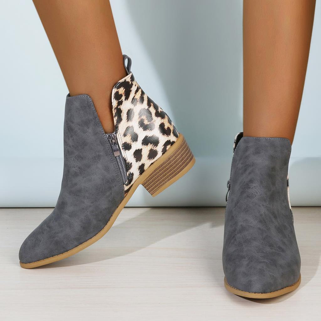 Fashion Leopard Winter Sexy Women Ankle Boots Autumn Female Short Zip Chelsea Boots Retro Round Toe Square Heel Size 36-43