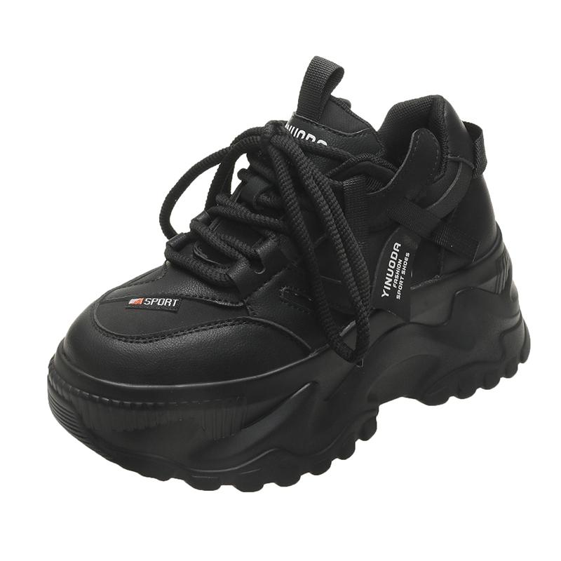 8CM Women Walking Sneakers Autumn Lace-up High Platform Chunky Shoes Breathable Leather Shoes Wedge Heels Casual Shoes Size 42