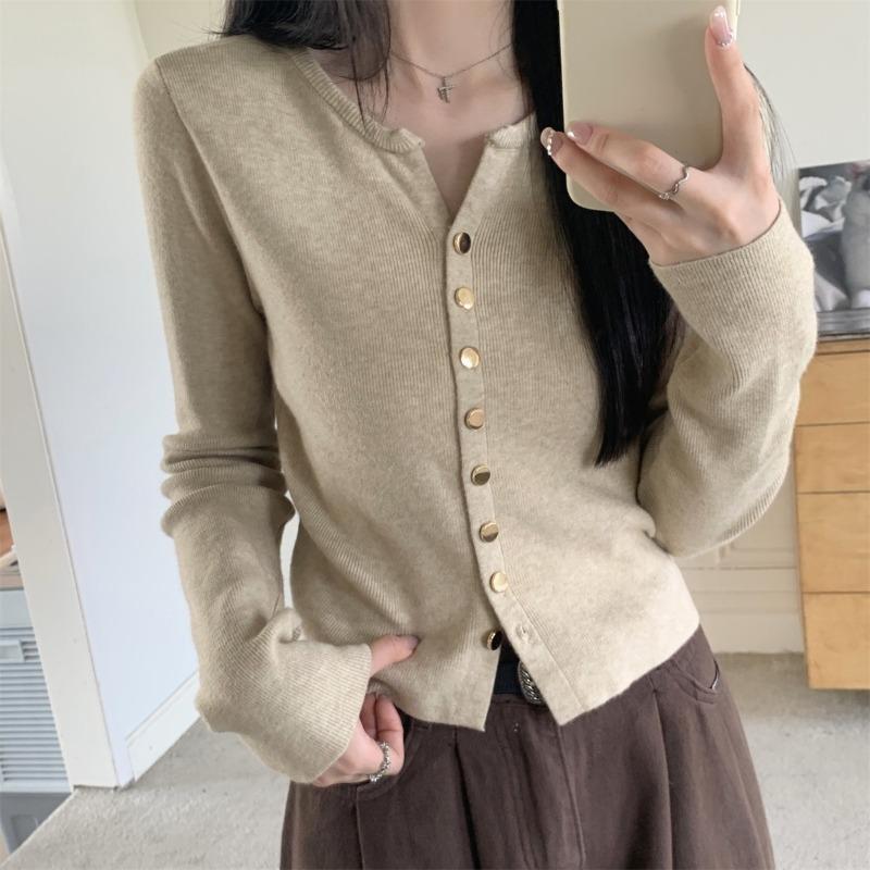 Slim-fit Long-sleeved Knitted Cardigan Women's Autumn New Solid-color Simple and Versatile Sweater Bottoming Shirt Short Top