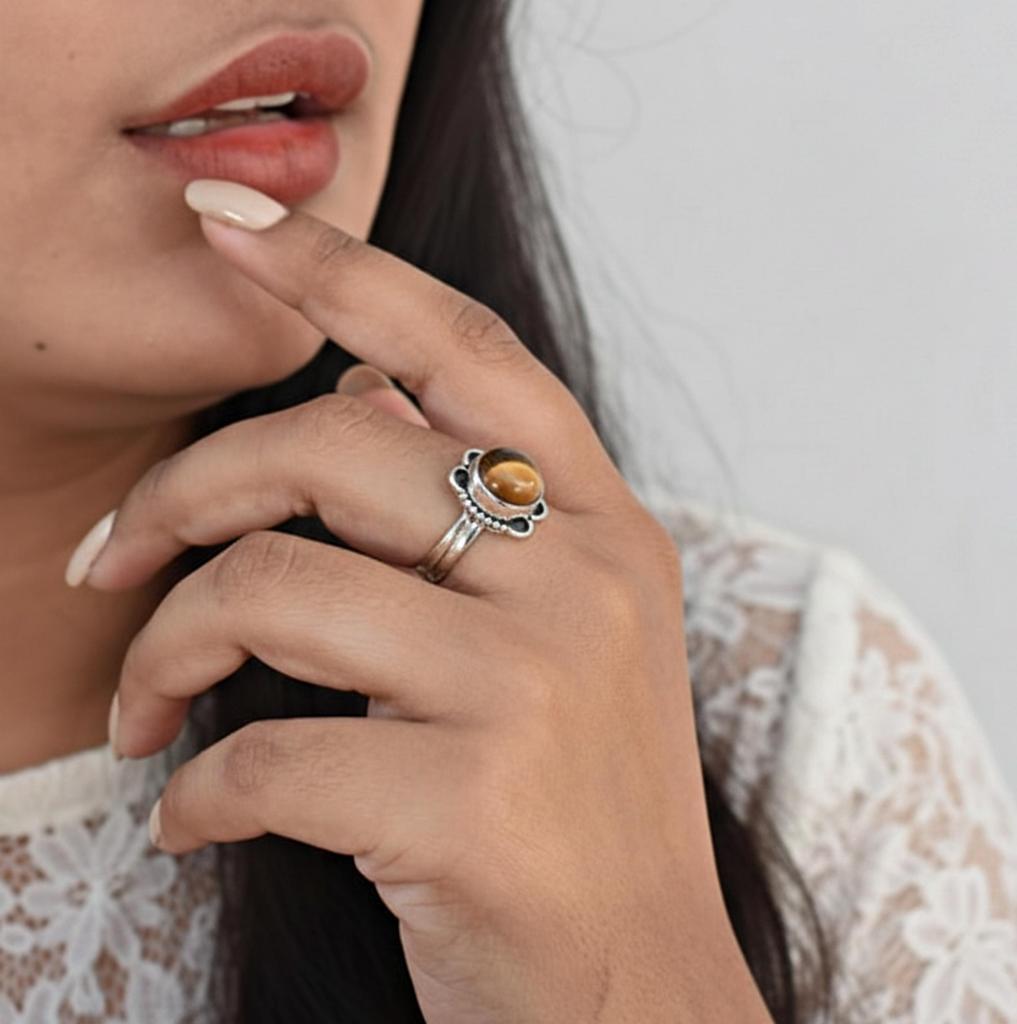 Tiger Eye Flower Statement Ring, 925 Sterling Silver, Minimalist Round Gemstone Ring, Promise Ring, Gift for Her