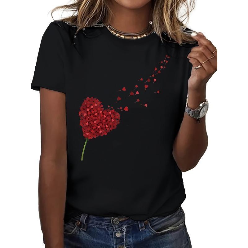 

European Size Women S Heart Print T-Shirt - Soft & Comfortable Casual Crew Neck Short Sleeve Top, Perfect for Spring and Summer, Mother S Day Gift 4XL чорний