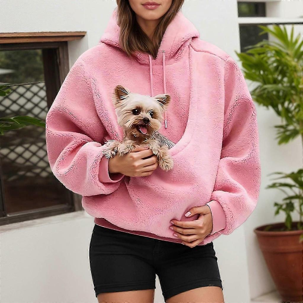 Women Fleece Sweatshirt with Pet Carriers Pouch Long Sleeve Solid Color Hoodies Oversized Loose Pullover Top Streetwear White XXL