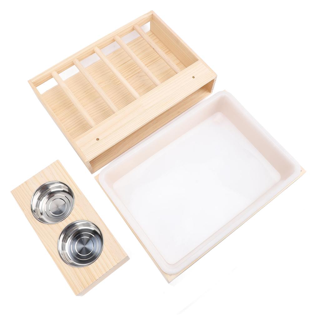 Rabbit Hay Feeder with Litter Box 2 Stainless Steel Bowls Wooden Bunny Feeding Manger for Chinchillas Hamster Small Animals