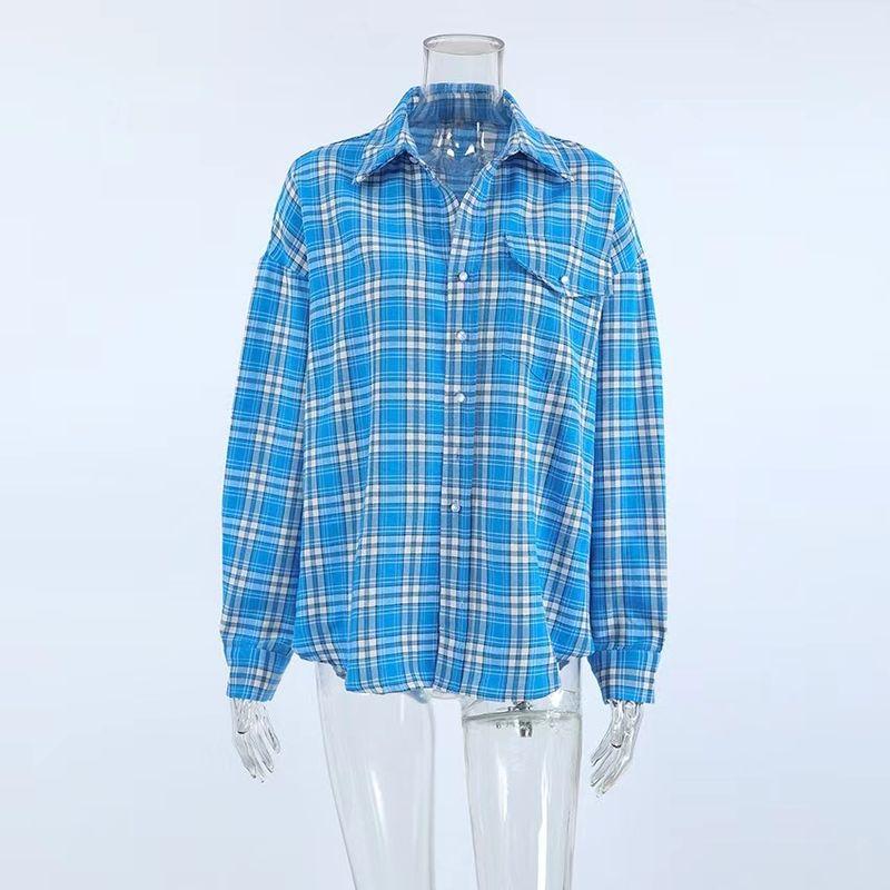 Fashion Style Loose Plaid Retro Lapels Casual Shirt Loose Plaid Long Sleeved Shirt