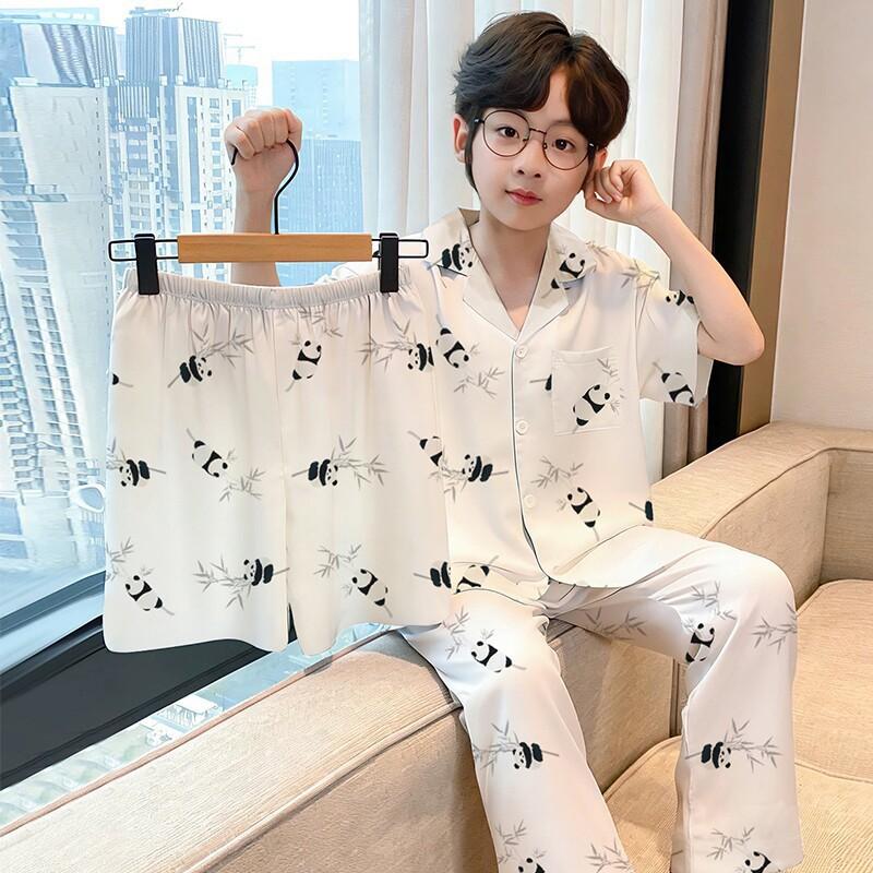 Boys Ice Silk Pajama Set Short Sleeve Sleepwear Kids Teens 8 Years Lightweight Breathable Home Wear