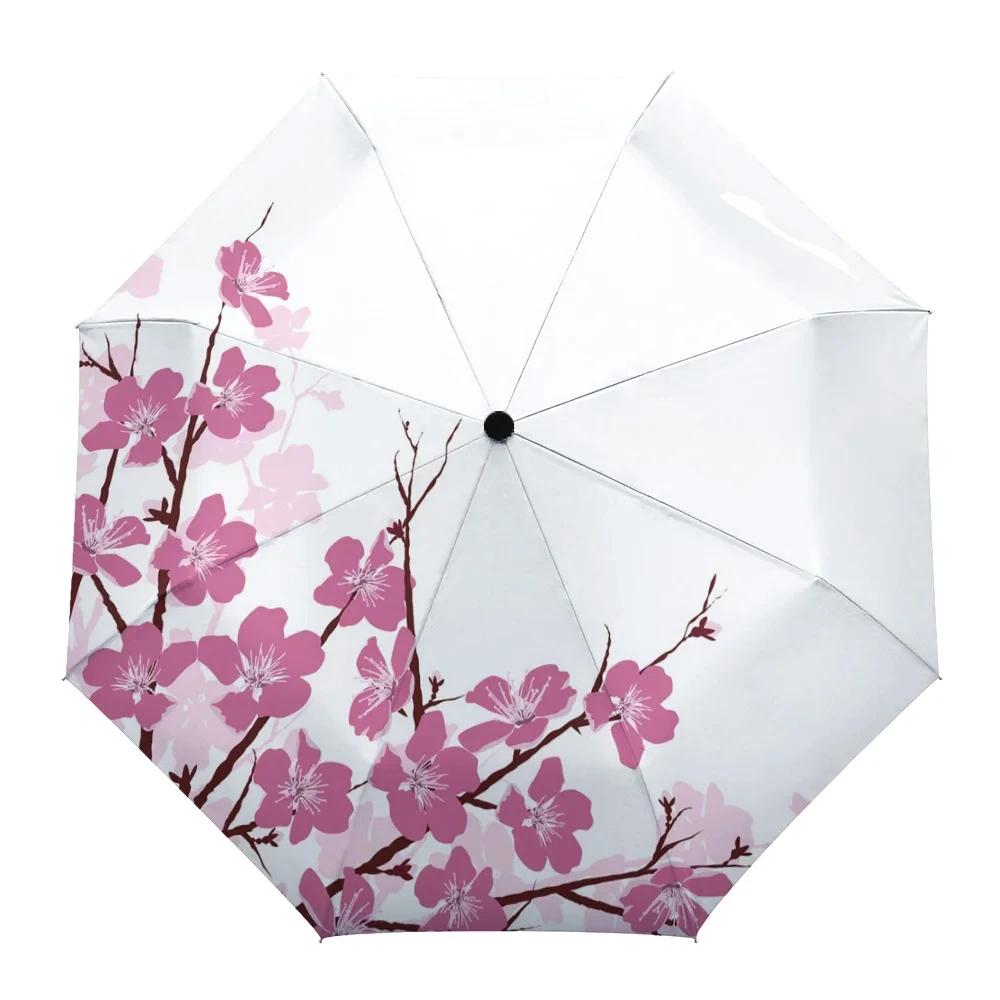 Cherry Blossoms Folding Travel Umbrella Pink Spring Sakura Flowers Umbrellas Windproof Lightweight Parasol Umbrella Sun & Rain