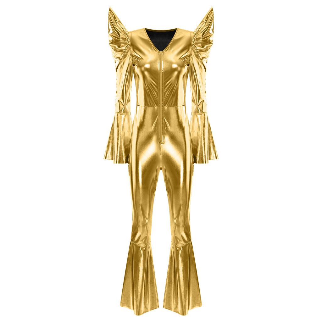 Tuta Disco Metallizzata Lucida da Donna Manica Lunga Vita Alta Zip Frontale Fondo a Zampa Romper Abbigliamento da Club