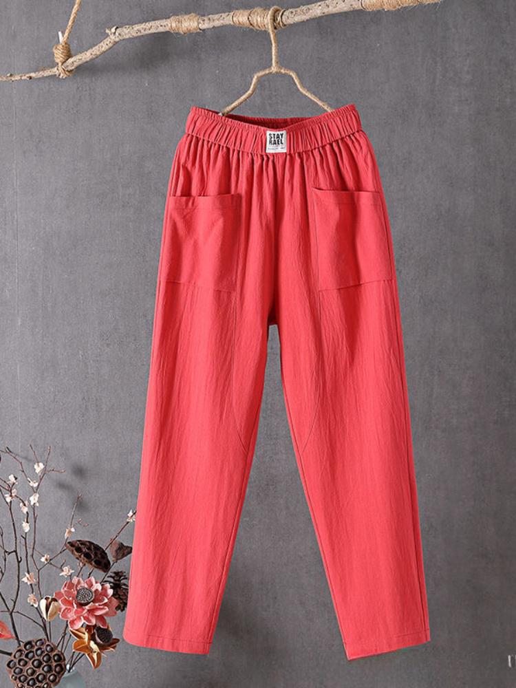 Pantaloni Drepți din Bumbac și In Ușor pentru Femei Plus Size - Stil Harem Casual Alb, Bandă Elastică în Talie, pentru Primăvară/Vară/Toamnă