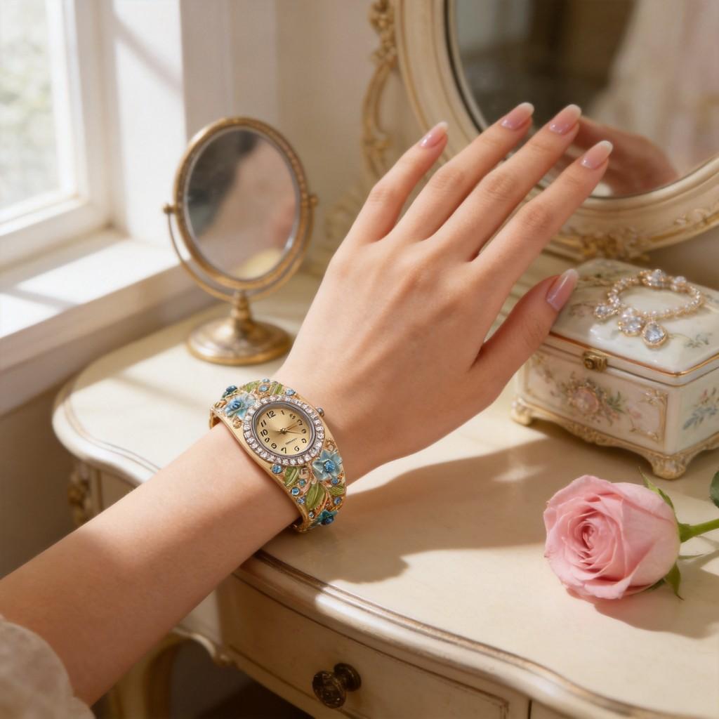 Vintage Cloisonne Floral Ladies Watch Jewelry Set With Quartz Movement For Elegant Wear
