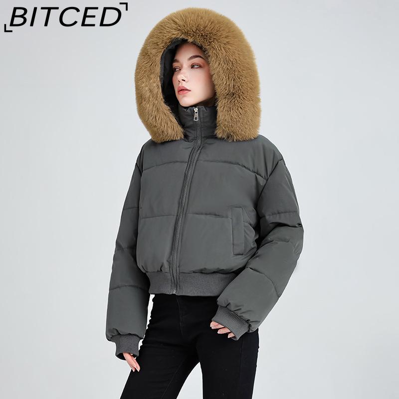 BITCED High-Waisted Oversized Fur-Trimmed Hooded Cropped Cotton Jacket for Women Autumn/Winter Down-Filled Cotton Jacket Slim-Fit Jacket Outerwear