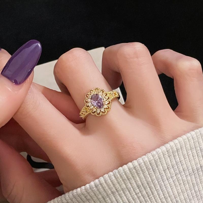 Retro Purple Diamond Colored Treasure Zircon Medieval Brushed Open Ring Gold Light Luxury High-End Niche Accessories Women