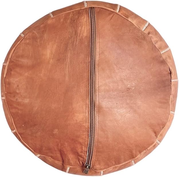 Handgefertigter marokkanischer Pouf aus echtem Leder – ungefüllt, mit aufwendiger Stickerei – Brauner multifunktionaler Ottoman