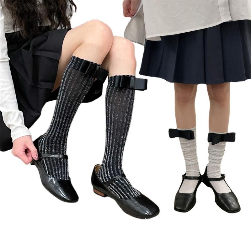 Delicate Women Girls Lace Calf Socks Spring Summer Calf Socks Under Knee Stocking Antiskid Bowknot Decor Knee Sock