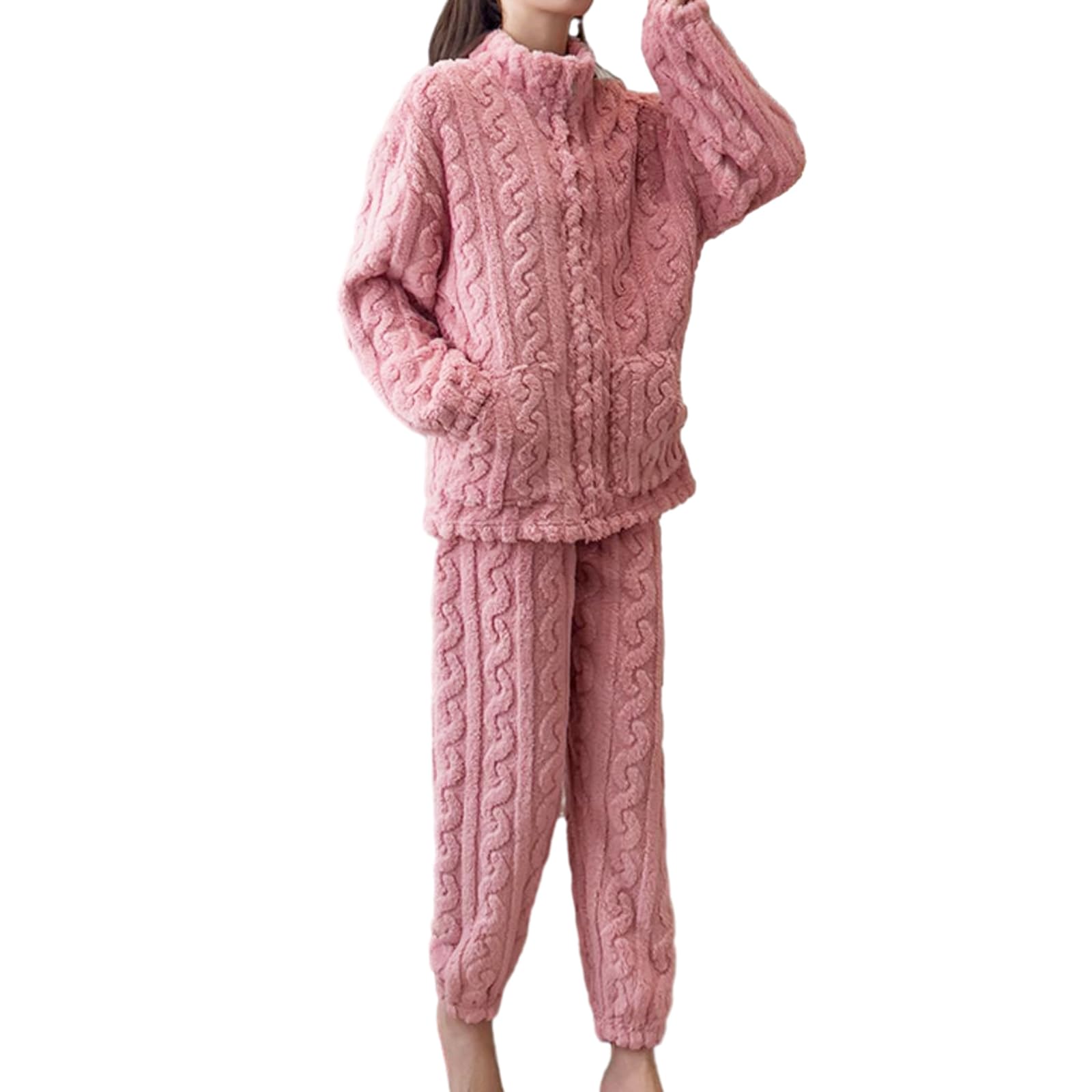 

MilaCorinna Домашняя одежда Пушистая фланелевая пижама на молнии с милой косой вязки Длинная теплая для дома и легкая и идеальная для осени и идеальная как розовый