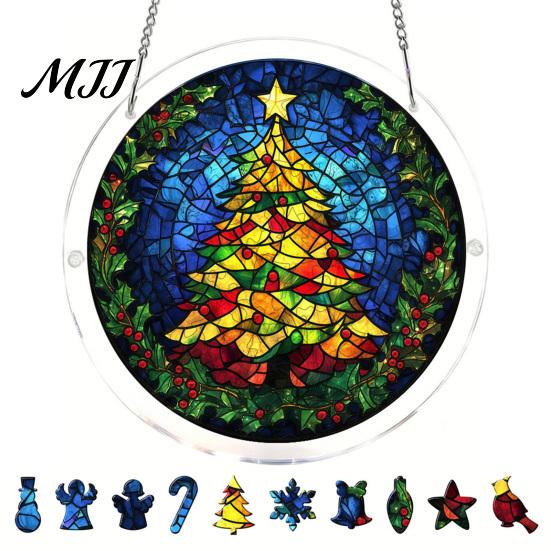 Decorative Garden Sun Catcher Christmas Acrylic Puzzle Suncatcher, Holiday Tree Snowman Stockings Red Bird Office Window Decoration Kit for
