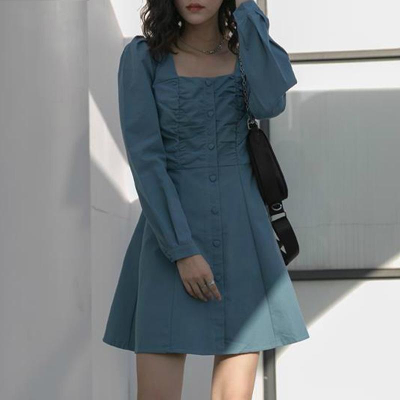 Vestido De Manga Larga Con Cuello Cuadrado Vintage De Cintur Vestido De Manga Larga Con Cuello Cuadrado Vintage De Cintur