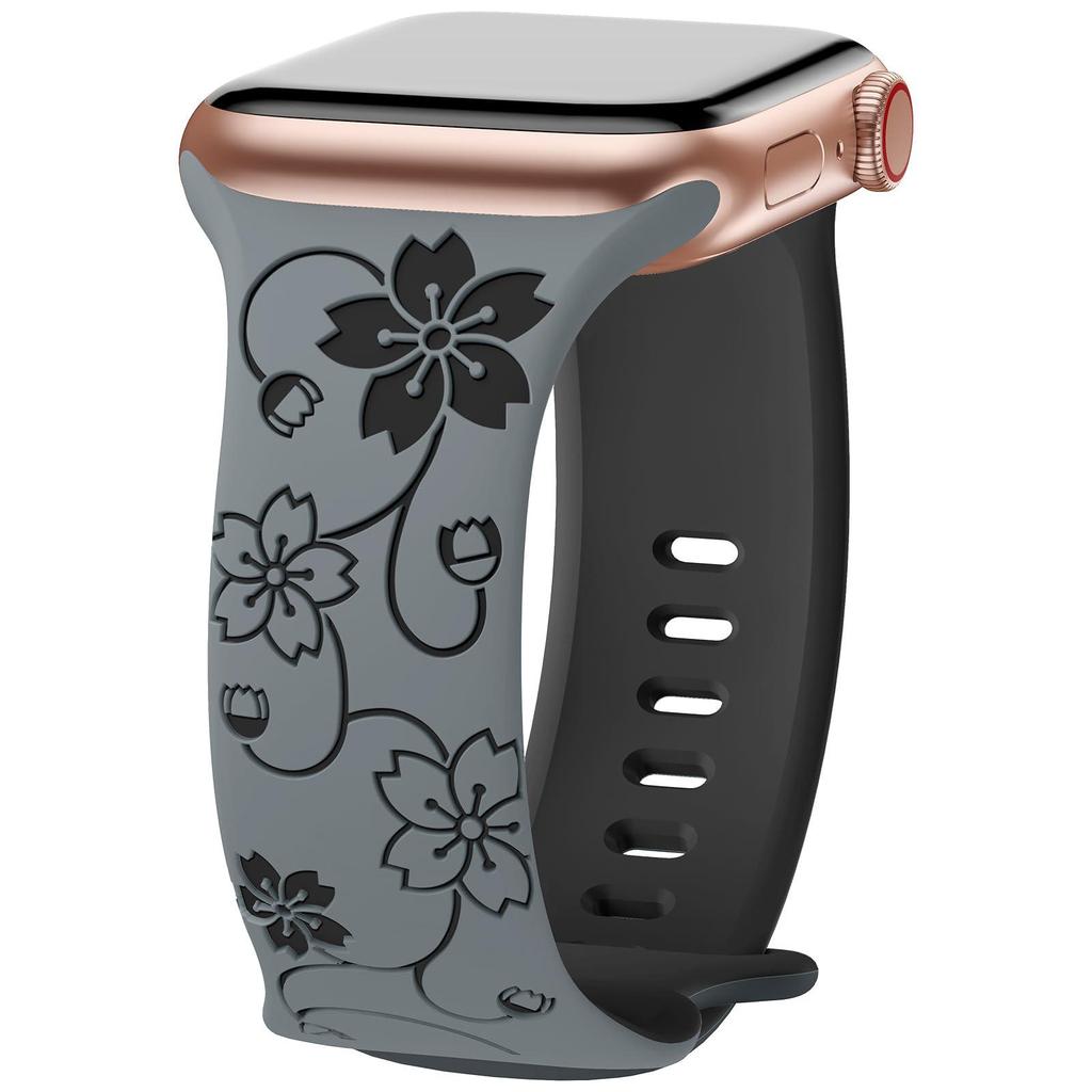 Compatible with Apple Watch: Laser Engraved Two-Color Floral Butterfly Silicone Strap with 3D Design