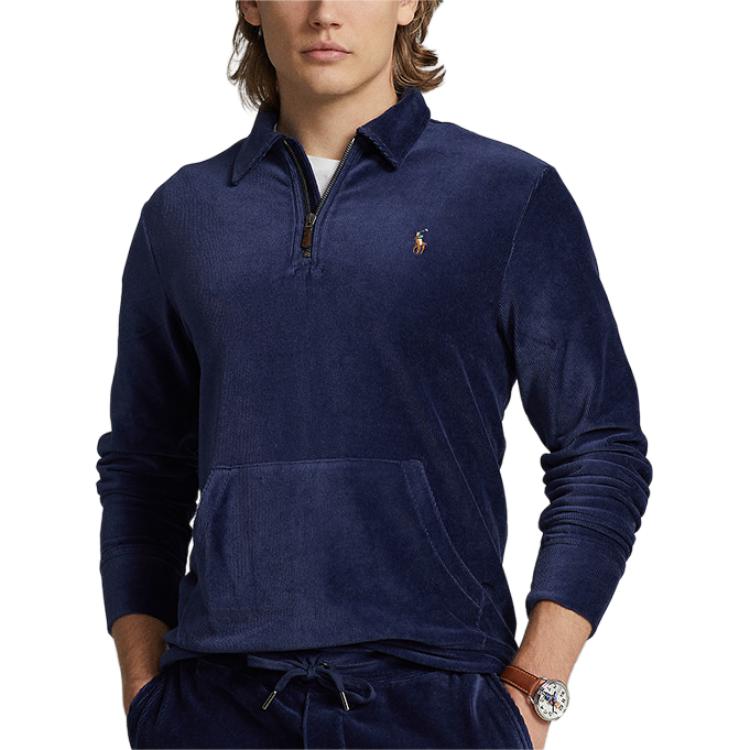 Polo Ralph Lauren Solid Logo Brodat Guler Polo Mânecă Lungă Hanorac Bărbați hanorac Albastru-Marin MNPOKNI16822848-410