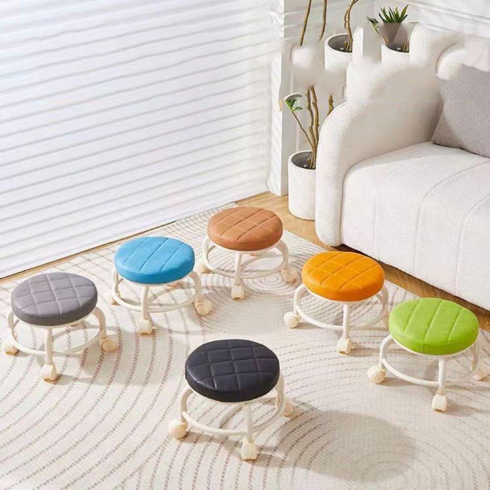 PU Leather Round Stool With Wheels 360 Degree Rotating Low Seat Rotating Rolling Stool  Nail Salon