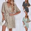 2025 Summer V-neck Short Sleeve Lace-up Waist-cinching Versatile Dress for Women In Europe and America