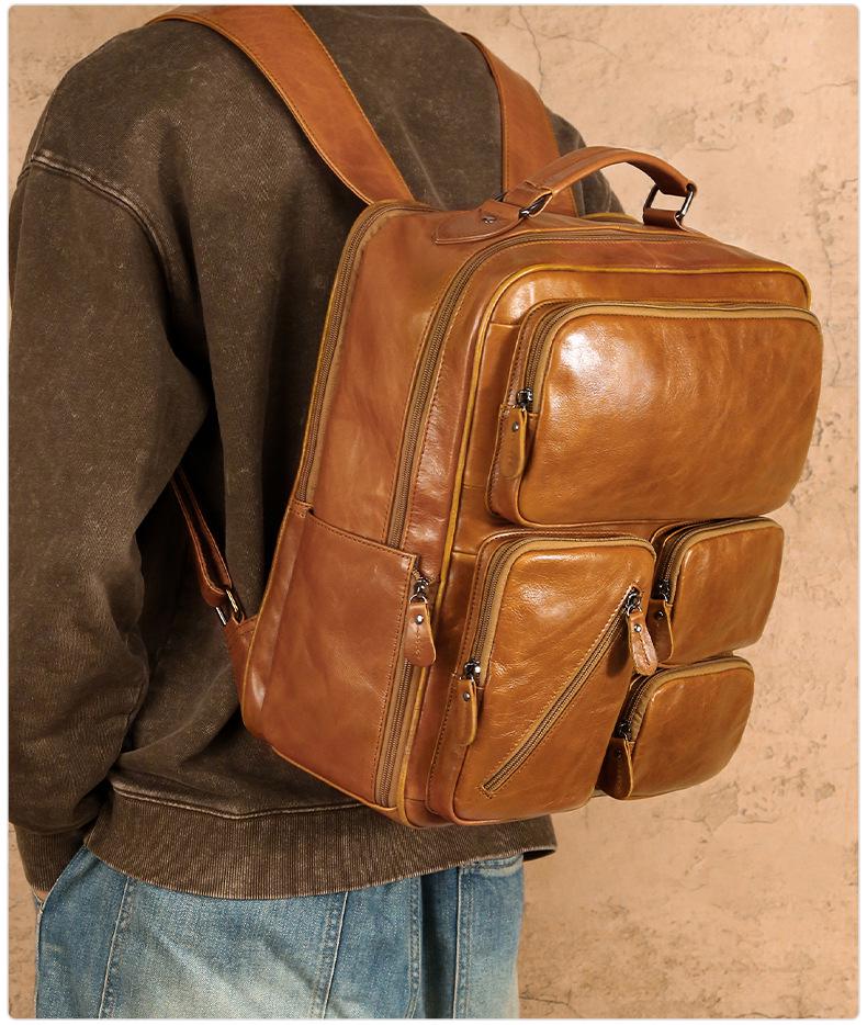 Men's Genuine Leather Multi-Pocket Travel Backpack: Large Capacity, Versatile, and Ideal for Casual Outdoor Adventures.