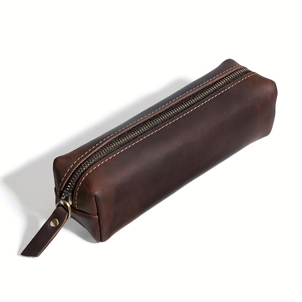 Crazy Horse Genuine Leather Zippered Pencil Case - Premium Leather Stationery Organizer with Black Zipper, Compact Pen Holder for Students