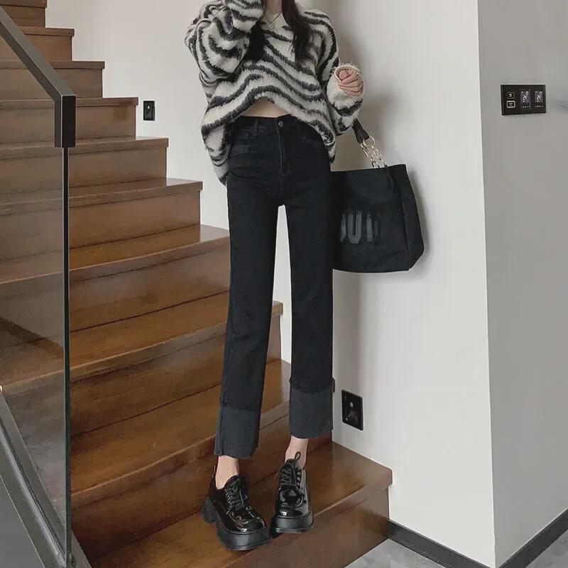 

Женские джинсы с высокой талией и манжетами, облегающие, в стиле сигарет, эластичные, в стиле ретро, для лета 2XL