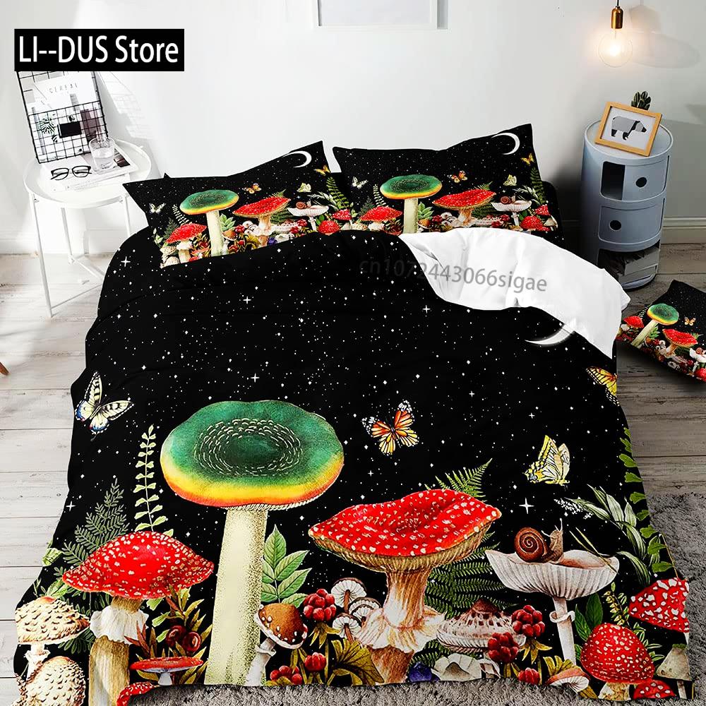White Mushroom Bedding Set Duvet Cover Full Size Green Plant Botanical Comforter Quilt Cover 2 Pillow Shams for Women Girls