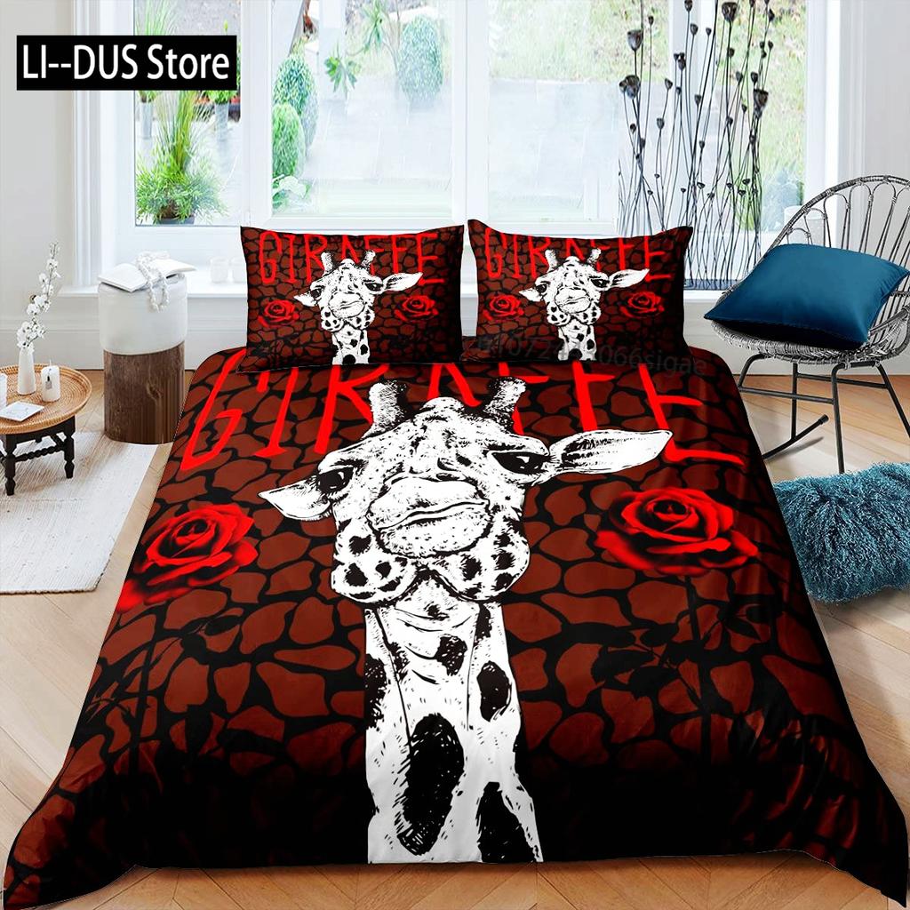 Giraffe Duvet Cover Queen,Tropical Wild Animal Comforter Cover 3pcs, Soft Bedding Set,Romantic Giraffe Bedroom Decor Quilt Cover