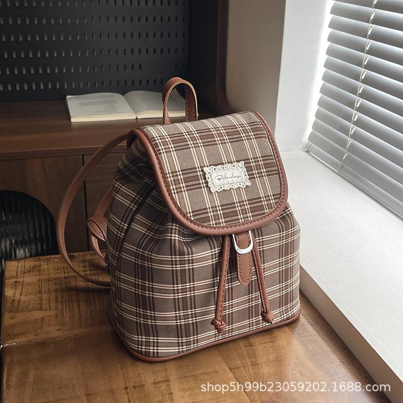 Niche Plaid Backpack Women's Retro College Style Casual Versatile Bucket Bag Fashion Student Commuter Backpack