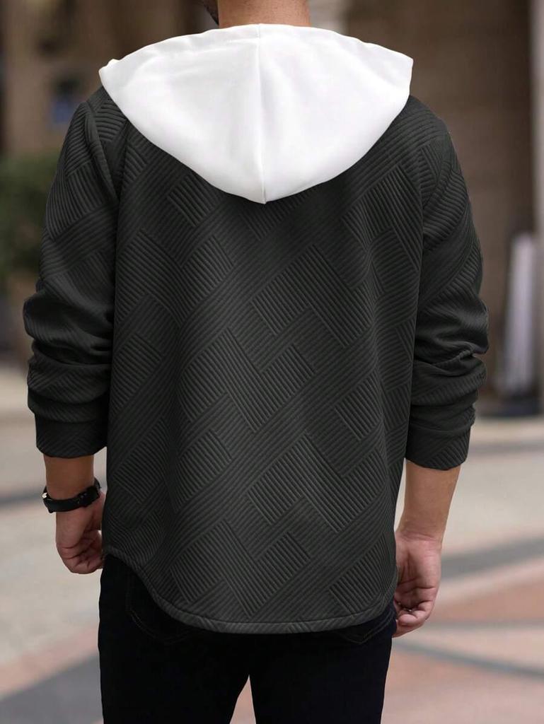 Men's Autumn/Winter Color Block Hooded Jacquard Sweatshirt with Buttons and Pockets