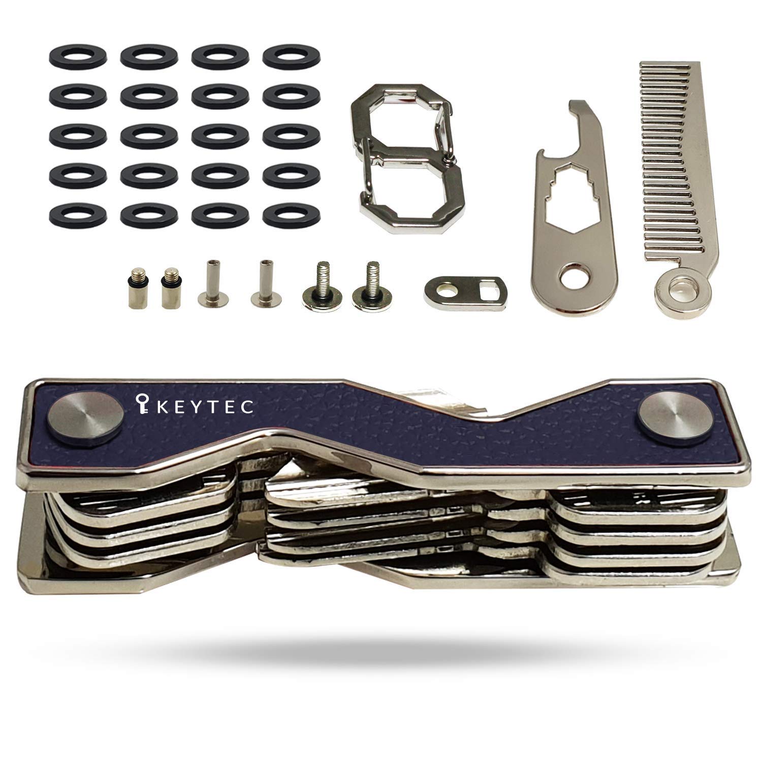 

Оригинальный чехол для ключей KEYTEC X Компактный инструмент для хранения ключей Карабин Включен Расширительный набор Мультитул Многофункциональный & (Темно-синий/Серебристый обод)