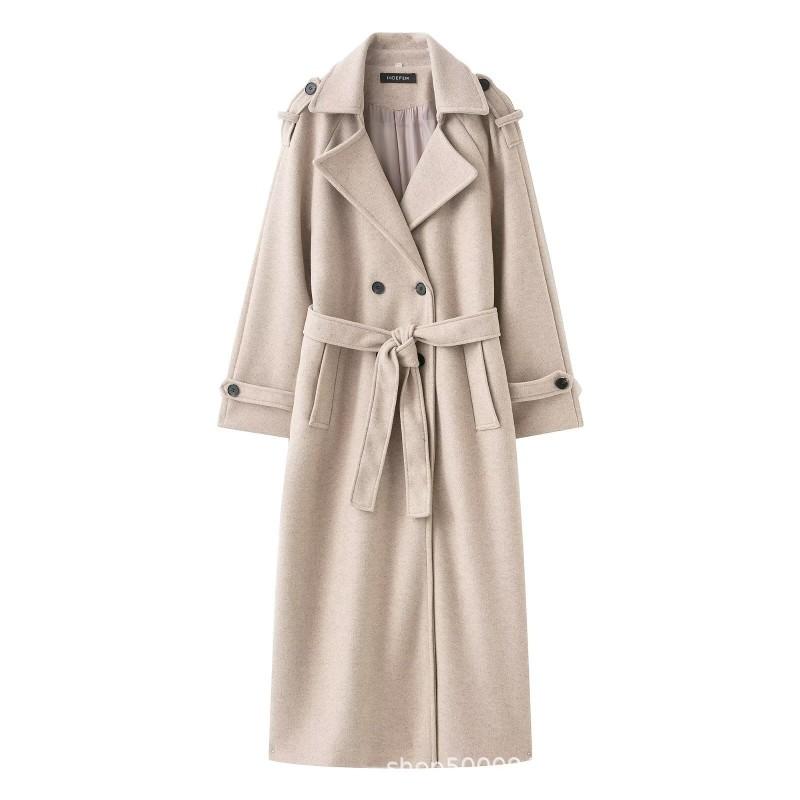 Womens Winter Wool Blend Double-Breasted Trench Coat Longline Classic British Style Streetwear Outerwear