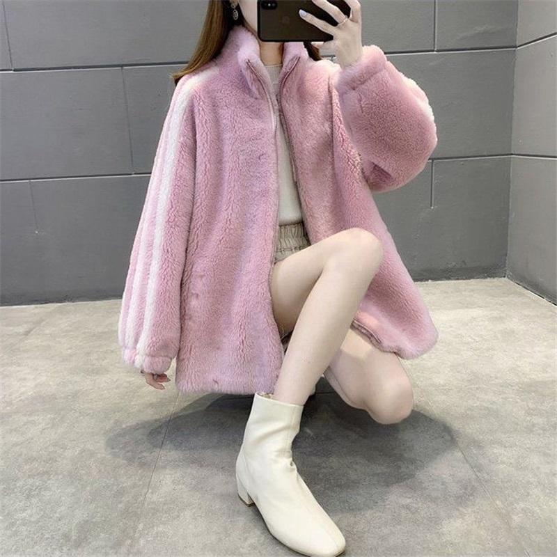 Gestreifter Fleece-Mantel Damen Stehkragen Reißverschluss Warm Plüsch Außenbekleidung