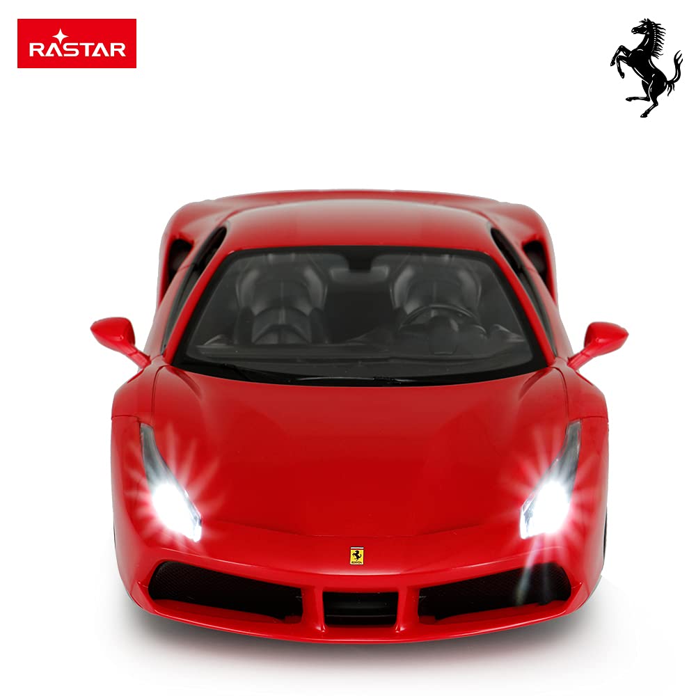 scale Ferrari 488 GTB car with illuminated headlights and red 114 radio-controlled taillights,