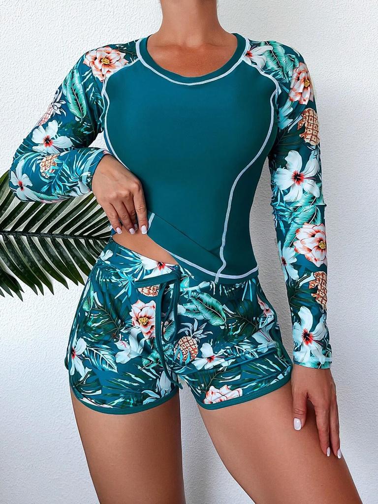 Langarm Tauchanzug mit Blumendruck und Badehose Strand- und Resort-Bademode für Damen