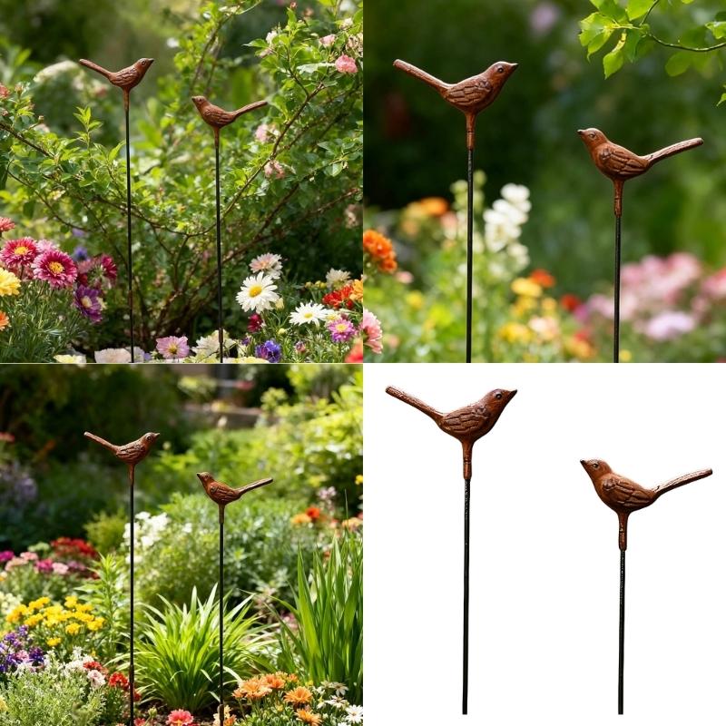 Bird Garden Stakes Set of 2 Iron Soil Insert Pieces for Pots, Flower Rows and Lawn Edges with Aged Brown Yard Form for Home Use Daily