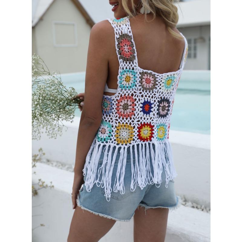 Dámské tílko větší velikosti Čisté ruční háčkování Smíšené barvy Bez umístění Květinový blok Třásně Patchwork Vesta