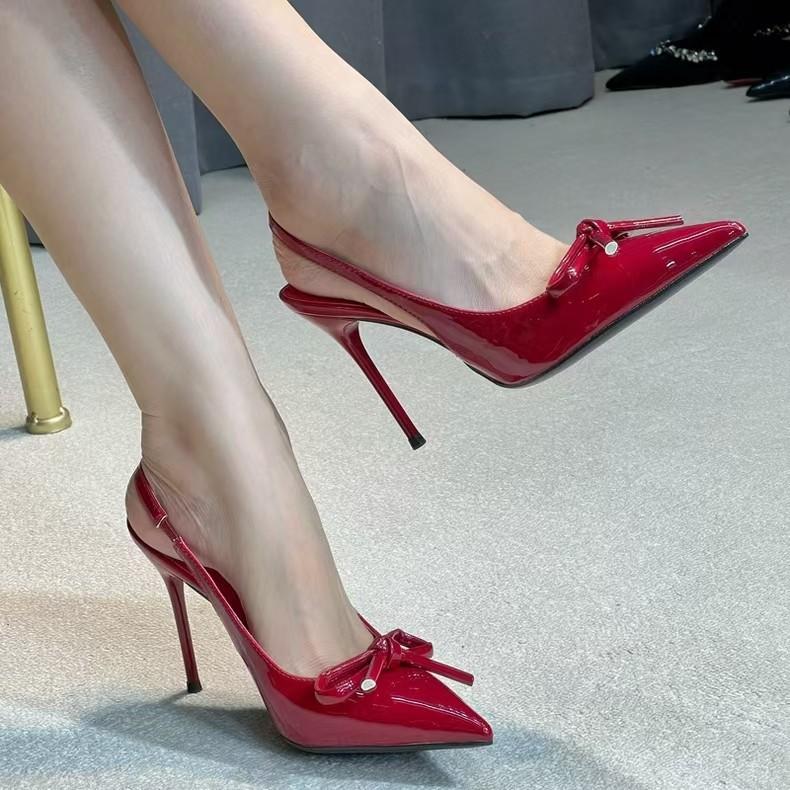 Wedding shoes high heels women's spring 2025 new bag head pointed head thin heel bow French temperament single shoes red