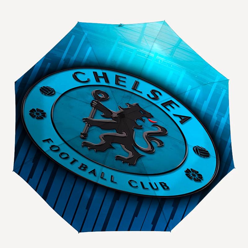 Chelsea Football Club Crest Automatic Folding Umbrella 8 Ribs, Durable Iron Frame, Bright Color Pattern Compact Travel Umbrella, Suitable f