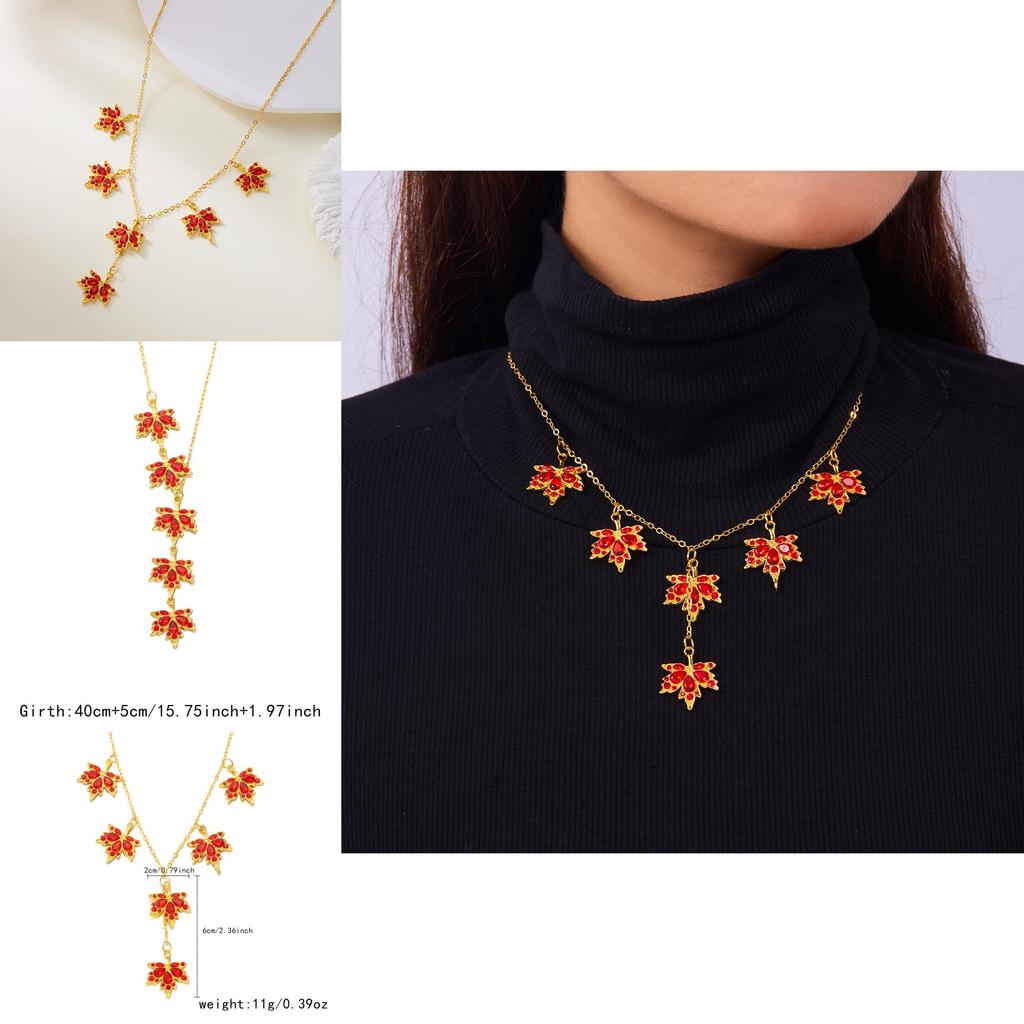 Red Maple Leaf Necklace With Alloy Leaf Pendant And O Chain Style For Daily Fashion Accessory
