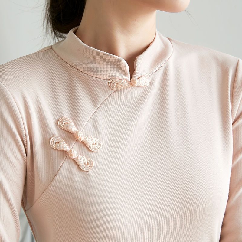 Women's Mandarin Collar Long Sleeve Top Slim Fit Chinese Style Frog Button Blouse Winter Base Shirt M‑5XL