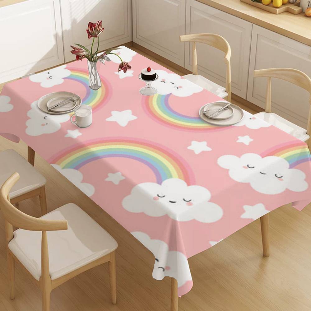 Cloud Rainbow Cartoon Waterproof Rectangle Tablecloth Fiesta Home Decor Dining Room Decor Reusable Table Cover Party Supplies