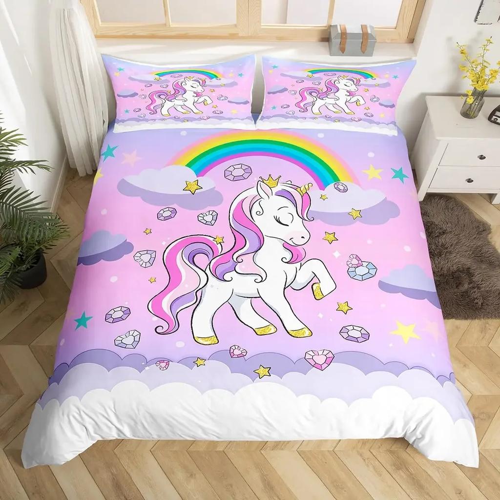 Unicorn Bedding Set Kids Purple Space Galaxy Duvet Cover Microfiber Quilt Cover Girly Cartoon Comforter Cover and 2 Pillowcases