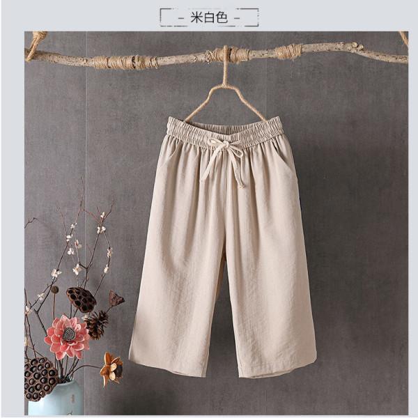 Women Cotton Linen Capri Pants Elastic Drawstring Waist Cropped Wide Leg Trousers Summer Loose Casual Seven Length Pants