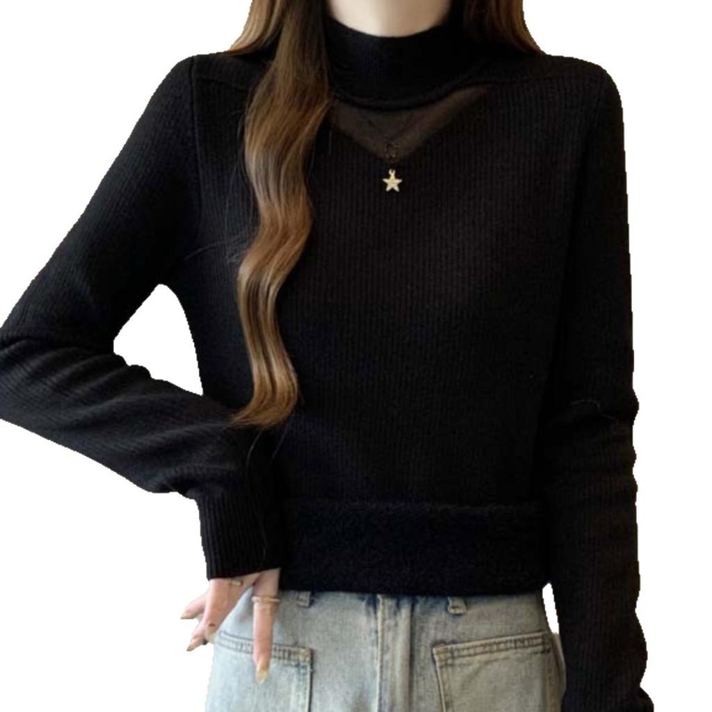 Large size belly cover half turtleneck sweater bottoming shirt women's 1011 autumn and winter new fat MM hollow thin top